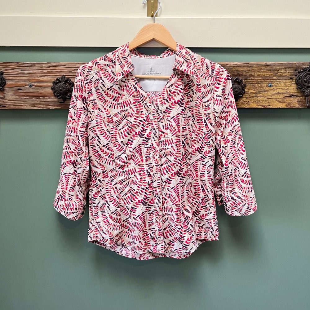Royal Robbins XS Red Leaf Print 3/4 Sleeve Button Down Ripstop Shirt Hiking